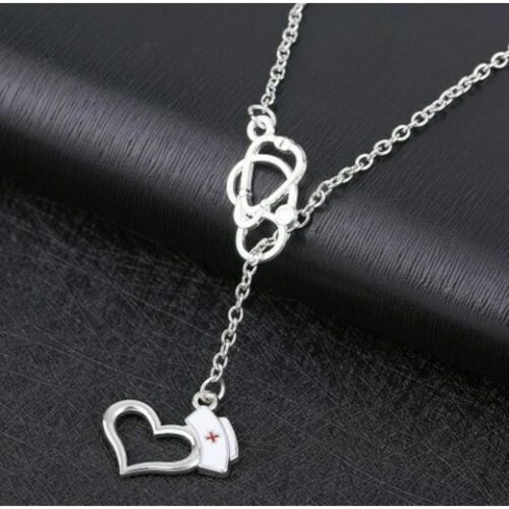 Nurse Stethoscope Heart Necklace NEW White Cap Red Cross Silver Chain